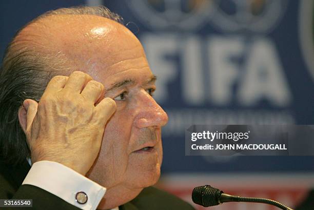 President Sepp Blatter addresses a press conference prior to the final of the 2005 FIFA Confederations Cup Argentina vs Brazil in Frankfurt 29 June...