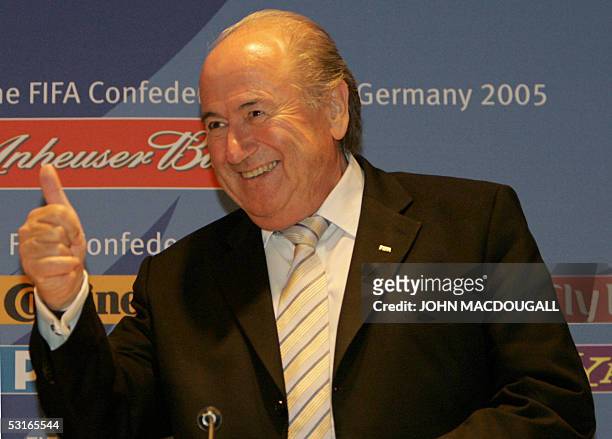 President Sepp Blatter addresses a press conference prior to the final of the 2005 FIFA Confederations Cup Brazil vs Argentina in Frankfurt 29 June...