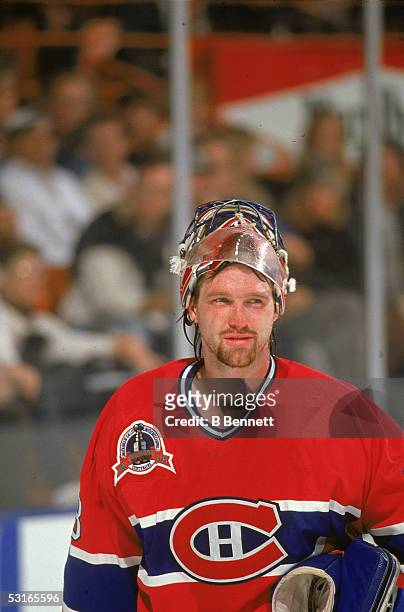 Canadian professional hockey player Patrick Roy, goaltender for the Montreal Canadiens, in game 4 of the Stanley Cup finals against the Los Angeles...