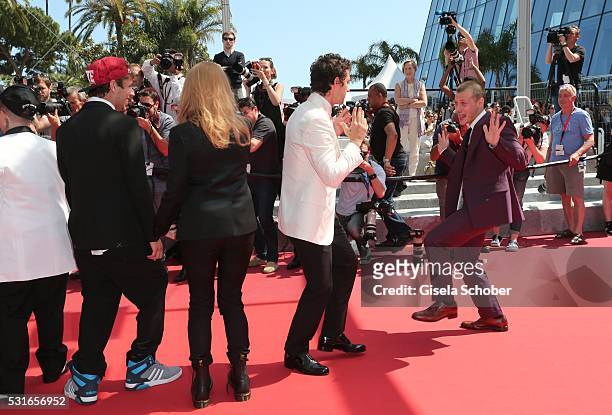 Actors Shia LaBeouf and McCaul Lombardi dance at the "American Honey" premiere during the 69th annual Cannes Film Festival at the Palais des...