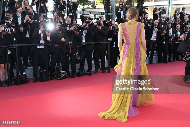 Actress Riley Keough leaves the "American Honey" premiere during the 69th annual Cannes Film Festival at the Palais des Festivals on May 15, 2016 in...