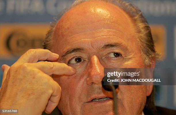 Germany: FIFA President Sepp Blatter addresses a press conference prior to the final of the 2005 FIFA Confederations Cup Brazil vs Argentina in...