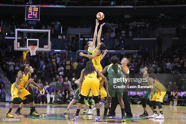 Tip off between the Los Angeles Sparks and the Seattle Storm during a WNBA basketball game at Staples Center on May 15, 2016 in Los Angeles,...