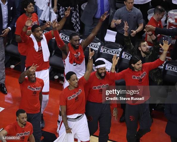 Toronto Raptors Bench The Raptors bench celebrates a run as the Toronto Raptors beat the ...