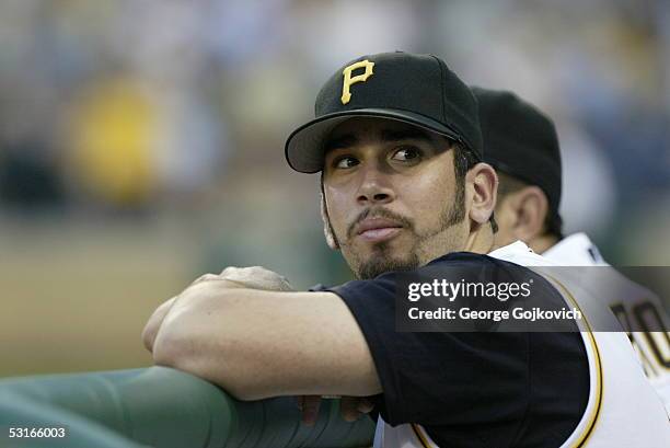 Pitcher Oliver Perez of the Pittsburgh Pirates watches from the dugout as the Pirates play the Baltimore Orioles at PNC Park on June 7, 2005 in...