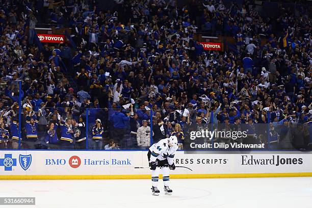 Marc-Edouard Vlasic of the San Jose Sharks reacts after the third period against the St. Louis Blues in Game One of the Western Conference Final...