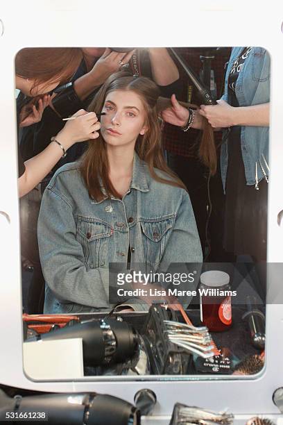 Model prepares backstage ahead of the Yeojin Bae show at Mercedes-Benz Fashion Week Resort 17 Collections at Carriageworks on May 16, 2016 in Sydney,...