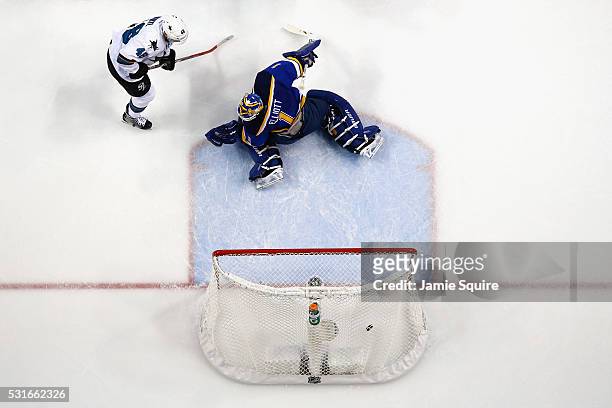 Brian Elliott of the St. Louis Blues reacts after being scored on during the first period after a shot by Joe Pavelski of the San Jose Sharks was...