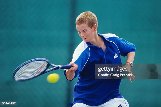 Andrew Murray in action during the Under 14s event of the National Junior Championships at the Nottingham tennis centre on August 20, 1999 in...