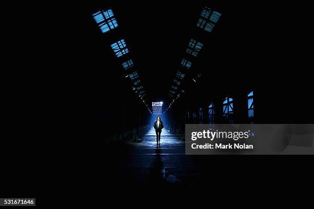 Model rehearses as she prepares ahead of the Aje show at Mercedes-Benz Fashion Week Resort 17 Collections at Carriageworks on May 16, 2016 in Sydney,...