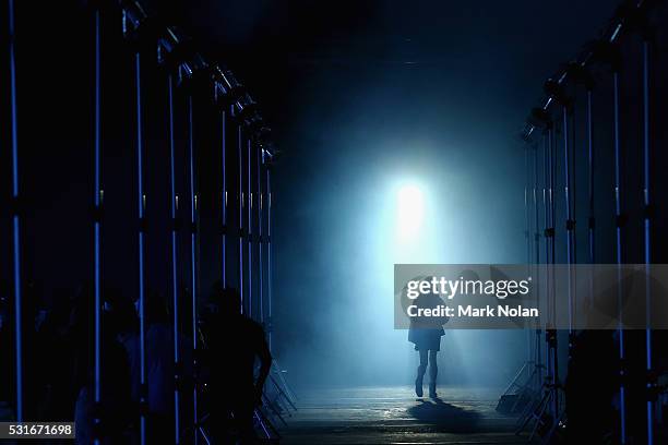 Model rehearses as she prepares ahead of the Aje show at Mercedes-Benz Fashion Week Resort 17 Collections at Carriageworks on May 16, 2016 in Sydney,...