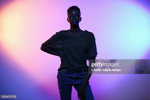 Model poses as she prepares backstage ahead of the Aje show at Mercedes-Benz Fashion Week Resort 17 Collections at Carriageworks on May 16, 2016 in...