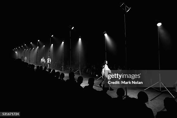 Model walks the runway during the Aje show at Mercedes-Benz Fashion Week Resort 17 Collections at Carriageworks on May 16, 2016 in Sydney, Australia.