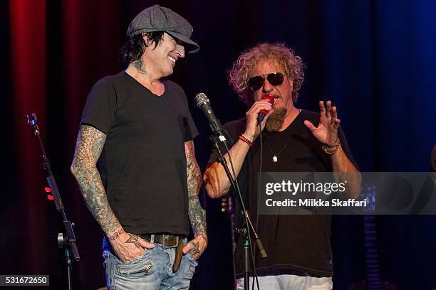 Tommy Lee and Sammy Hagar talk to the audience at 3rd annual Acoustic-4-a-Cure benefit concert at The Fillmore on May 15, 2016 in San Francisco,...