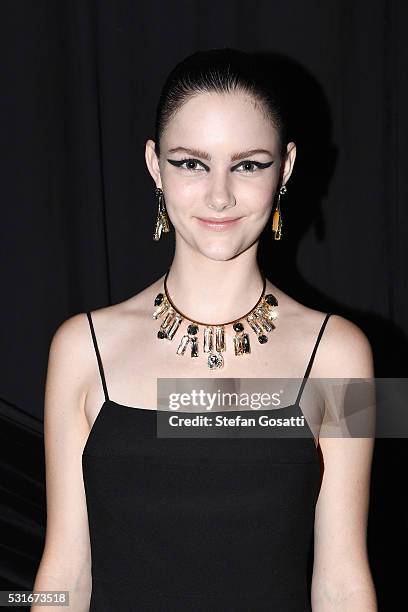 Model poses after walking the runway during the Swarovski show at Mercedes-Benz Fashion Week Resort 17 Collections at Carriageworks on May 16, 2016...