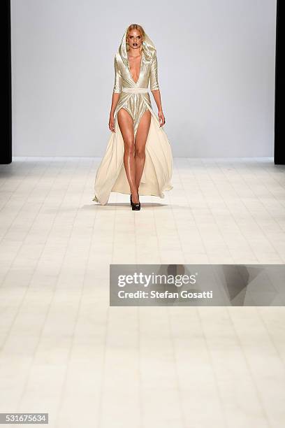 Model walks the runway during the Zhivago show at Mercedes-Benz Fashion Week Resort 17 Collections at Carriageworks on May 16, 2016 in Sydney,...