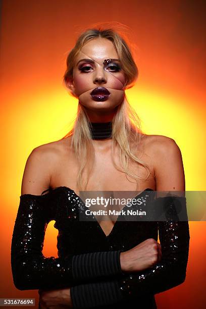 Model poses backstage ahead of the Zhivago show at Mercedes-Benz Fashion Week Resort 17 Collections at Carriageworks on May 16, 2016 in Sydney,...