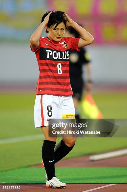 Hikaru Naomoto of Urawa Red Diamonds walks off the pitch after being substituted during the Nadeshiko League match between Urawa Red Diamonds Ladies...