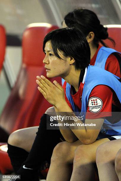 Hikaru Naomoto of Urawa Red Diamonds is seen on the bench during the Nadeshiko League match between Urawa Red Diamonds Ladies and JEF United Chiba...