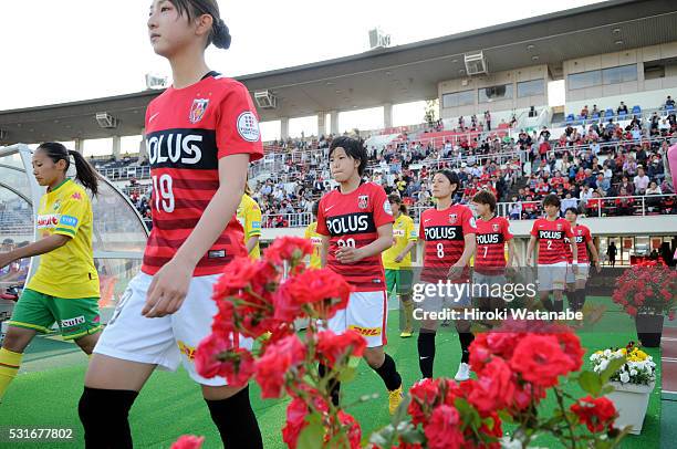 Players walk into the pitch prior to the Nadeshiko League match between Urawa Red Diamonds Ladies and JEF United Chiba Ladies at the Urawa Komaba...