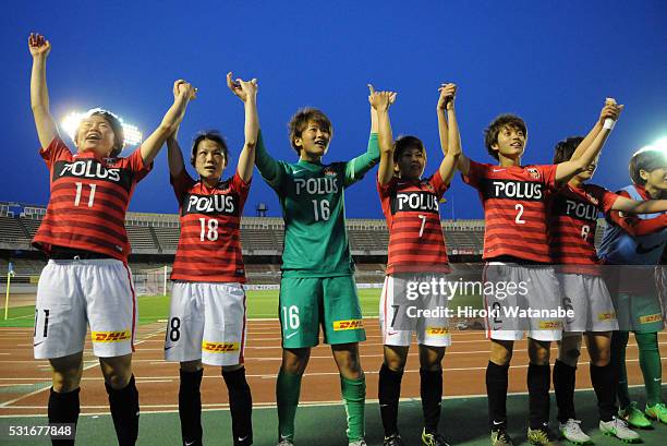 Urawa Red Diamonds players celebrate their 1-0 win in the Nadeshiko League match between Urawa Red Diamonds Ladies and JEF United Chiba Ladies at the...