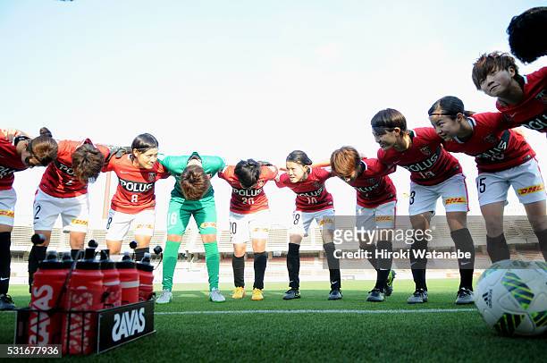Urawa Red Diamonds players huddle prior to the Nadeshiko League match between Urawa Red Diamonds Ladies and JEF United Chiba Ladies at the Urawa...