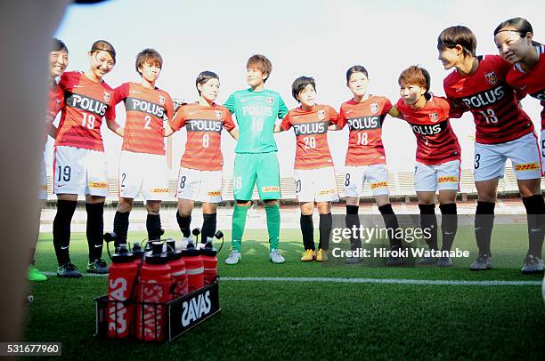 Urawa Red Diamonds players huddle prior to the Nadeshiko League match between Urawa Red Diamonds Ladies and JEF United Chiba Ladies at the Urawa...