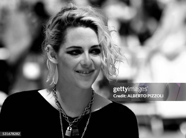 Actress Kristen Stewart poses as she arrives on May 15, 2016 for the screening of the film "American Honey" at the 69th Cannes Film Festival in...