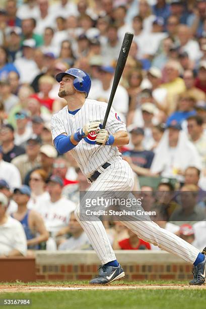 Michael Barrett of the Chicago Cubs bats during the game against the Boston Red Sox at Wrigley Field on June 10, 2005 in Chicago, Illinois. The Cubs...