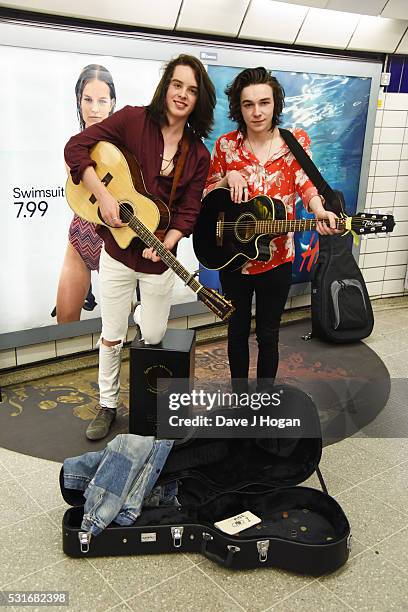 Ferdia Walsh-Peelo and Mark McKenna busking to promote the upcoming film "Sing Street," which is released to theatres May 20th, at Leicester Square...