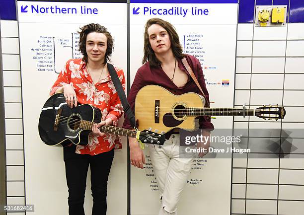 Ferdia Walsh-Peelo and Mark McKenna busking to promote the upcoming film "Sing Street," which is released to theatres May 20th, at Leicester Square...