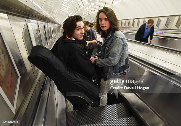 Ferdia Walsh-Peelo and Mark McKenna busking to promote the upcoming film "Sing Street," which is released to theatres May 20th, at Leicester Square...