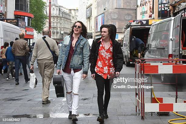 Ferdia Walsh-Peelo and Mark McKenna busking to promote the upcoming film "Sing Street," which is released to theatres May 20th, at Leicester Square...