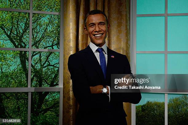 Wax figure of American president Barack Obama is displayed at the Madame Tussauds Tokyo on May 16, 2016 in Tokyo, Japan. Madame Tussauds wax museum...