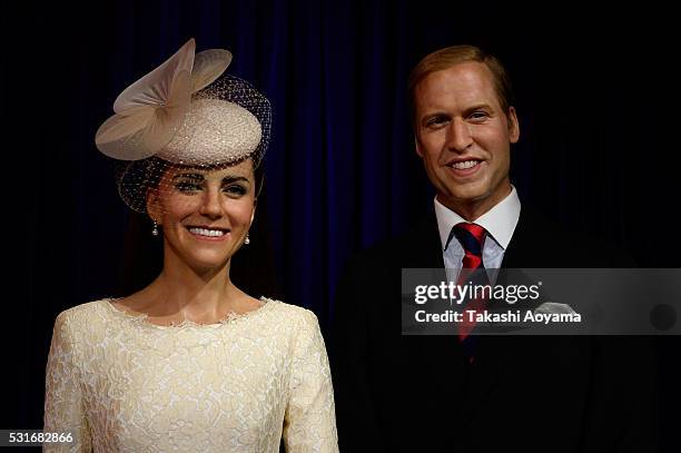 Wax figures of Catherine, Duchess of Cambridge and Prince William, Duke of Cambridge are displayed at the Madame Tussauds Tokyo on May 16, 2016 in...