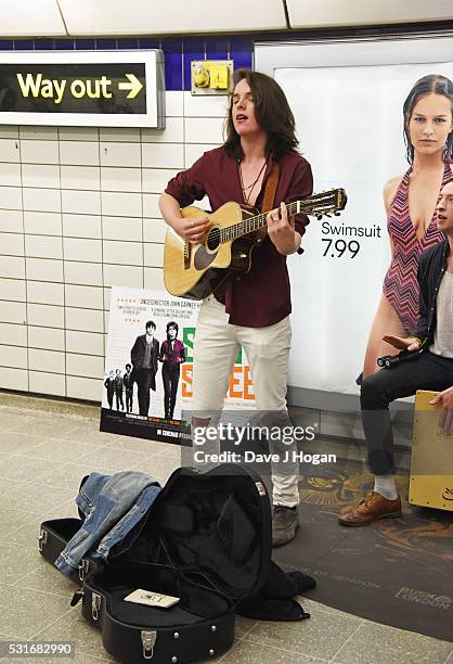 Ferdia Walsh-Peelo busking to promote the upcoming film "Sing Street," which is released to theatres May 20th, at Leicester Square Station on May 16,...