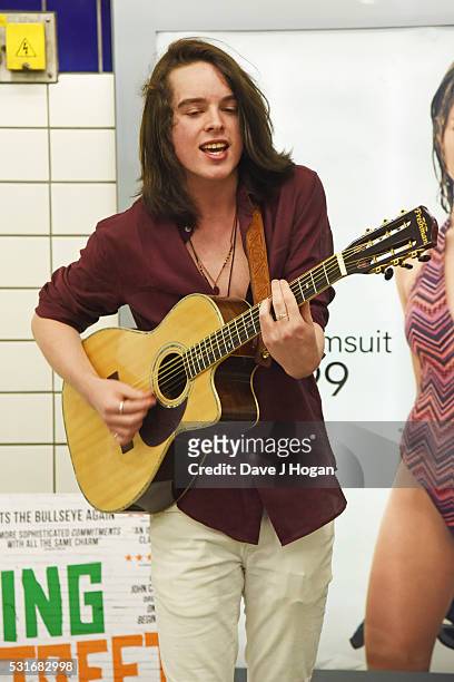 Ferdia Walsh-Peelo busking to promote the upcoming film "Sing Street," which is released to theatres May 20th, at Leicester Square Station on May 16,...