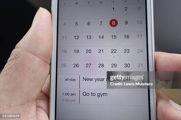 Female hand holding mobile phone with new year resolution reminder to go to gym.