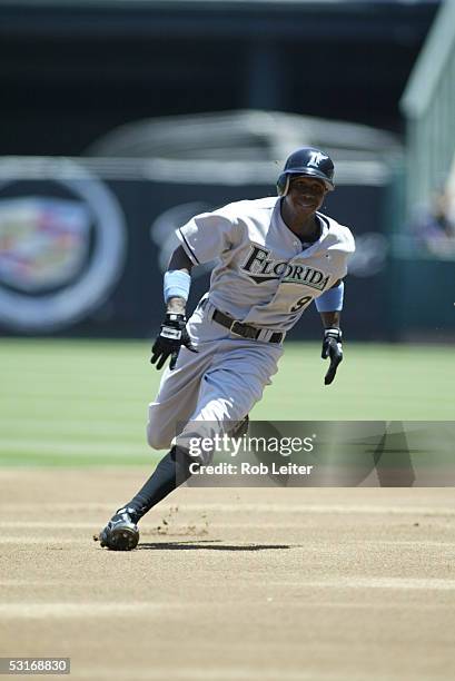 June 19: Juan Pierre of the Florida Marlins runs to third during the game against the Los Angeles Angels of Anaheim at Angel Stadium on June 19, 2005...