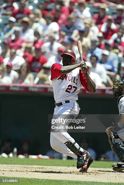 June 19: Vladimir Guerrero of the Los Angeles Angels of Anaheim bats during the game against the Florida Marlins at Angel Stadium on June 19, 2005 in...