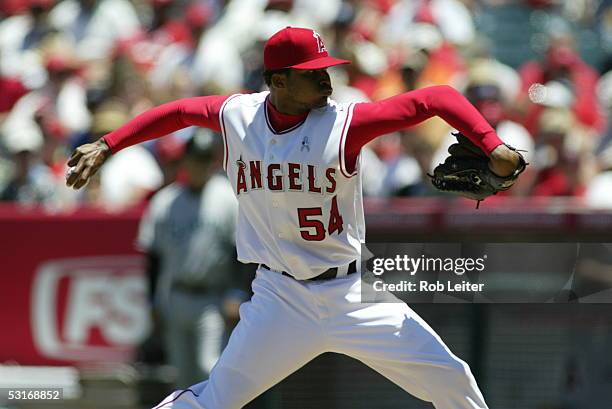 June 19: Ervin Santana of the Los Angeles Angels of Anaheim pitches during the game against the Florida Marlins at Angel Stadium on June 19, 2005 in...