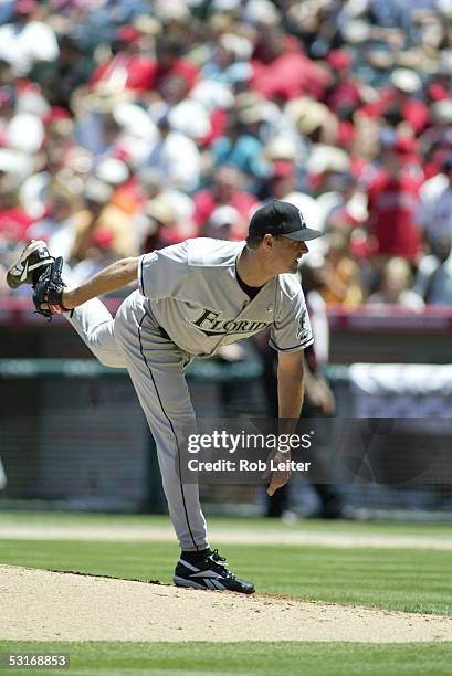 June 19: Al Leiter of the Florida Marlins pitches during the game against the Los Angeles Angels of Anaheim at Angel Stadium on June 19, 2005 in...