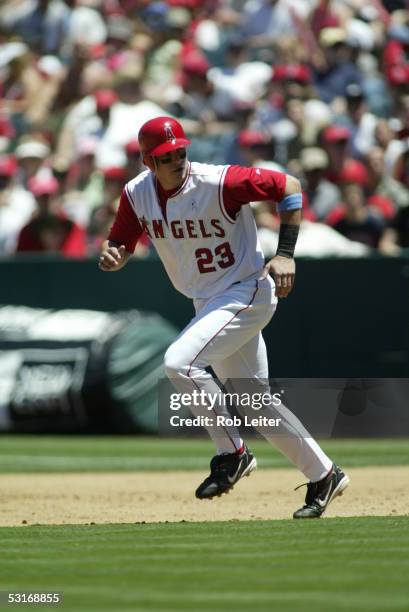 June 19: Dallas McPherson of the Los Angeles Angels of Anaheim runs to second base during the game against the Florida Marlins at Angel Stadium on...