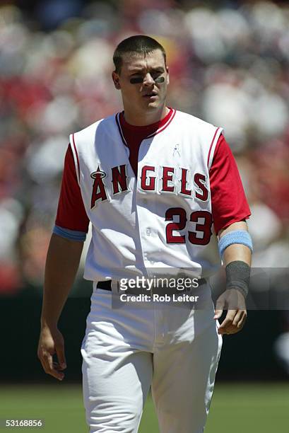 June 19: Dallas McPherson of the Los Angeles Angels of Anaheim returns to the dugout during the game against the Florida Marlins at Angel Stadium on...