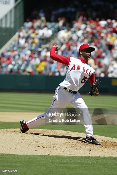 June 19: Ervin Santana of the Los Angeles Angels of Anaheim pitches during the game against the Florida Marlins at Angel Stadium on June 19, 2005 in...