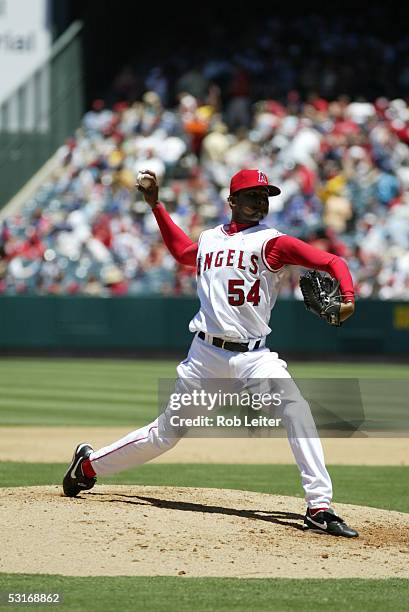 June 19: Ervin Santana of the Los Angeles Angels of Anaheim pitches during the game against the Florida Marlins at Angel Stadium on June 19, 2005 in...