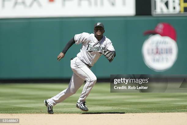 June 19: Luis Castillo of the Florida Marlins chases a ground ball at second base during the game against the Los Angeles Angels of Anaheim at Angel...