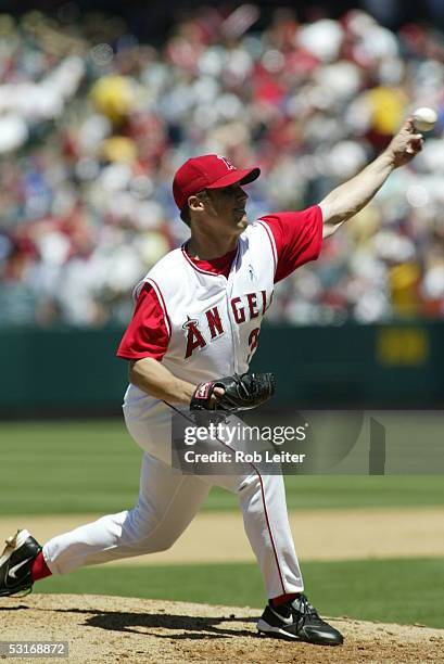 June 19: Jake Woods of the Los Angeles Angels of Anaheim pitches during the game against the Florida Marlins at Angel Stadium on June 19, 2005 in...