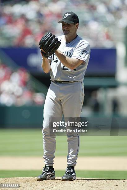 June 19: Al Leiter of the Florida Marlins pitches during the game against the Los Angeles Angels of Anaheim at Angel Stadium on June 19, 2005 in...