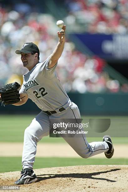 June 19: Al Leiter of the Florida Marlins pitches during the game against the Los Angeles Angels of Anaheim at Angel Stadium on June 19, 2005 in...